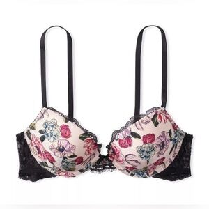 NEW Victoria’s Secret Very Sexy 32D Rose Pink Embroidered Floral Black Lace Bra